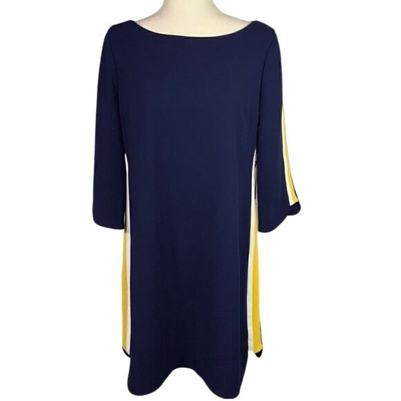 New! Vince Camuto Navy Blue Shift Dress With Yellow and White Side Stripe Sz 8 - Picture 1 of 8